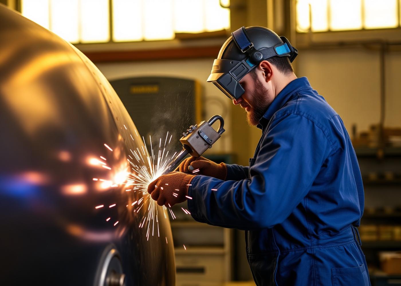 Soudeur travaillant sur un ballon inox dans l'atelier CHAUMAX